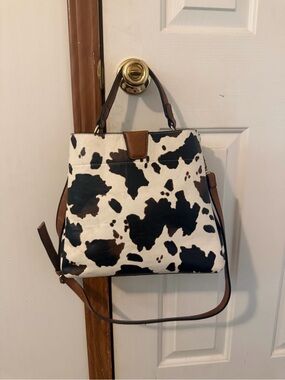 Cow Print Faux Leather Tote Bag with Brown Trim